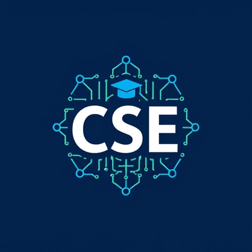 AI Design for Construct a modern logo for the Computer Science and Engineering department that highlights artificial intelligence themes with neural network visuals integrated with circuit patterns. Include subtle academic symbols like a graduation cap or book. Opt for a clean, flat design in blue, white, and green to represent trust, clarity, and innovation. Text ‘CSE’ should be minimalist and well balanced with the logo."