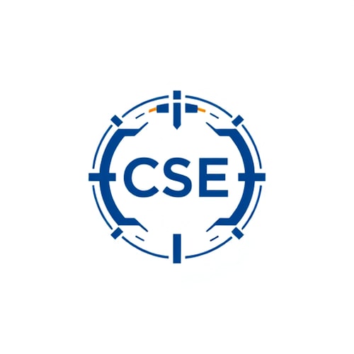 AI Design for Minimalist emblem for the Department of Computer Science and Engineering (CSE): A stylized, abstract geometric design integrating binary code patterns and subtle circuit-like lines, forming a circular or shield-like silhouette. Blue and white as primary colors, with a single accent of green or orange. Clean, modern sans-serif typography for "CSE" integrated subtly within the design. Design with a futuristic and academic influence, clean and minimal. Visual execution should emphasize balanced symmetry and abstract representations of data networks and algorithms. White background.