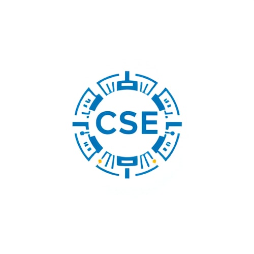 AI Design for Minimalist emblem for the Department of Computer Science and Engineering (CSE): A stylized, abstract geometric design integrating binary code patterns and subtle circuit-like lines, forming a circular or shield-like silhouette. Blue and white as primary colors, with a single accent of green or orange. Clean, modern sans-serif typography for "CSE" integrated subtly within the design. Design with a futuristic and academic influence, clean and minimal. Visual execution should emphasize balanced symmetry and abstract representations of data networks and algorithms. White background. improve this and give very light and dark coloue cobination also genarte the logo shouid be whoele name ( computer science and engineering ) included