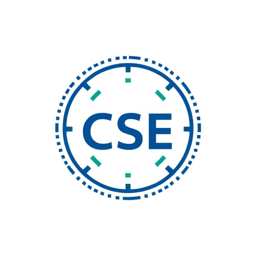 AI Design for Minimalist emblem for the Department of Computer Science and Engineering (CSE): A stylized, abstract geometric design integrating binary code patterns and subtle circuit-like lines, forming a circular or shield-like silhouette. Blue and white as primary colors, with a single accent of green or orange. Clean, modern sans-serif typography for "CSE" integrated subtly within the design. Design with a futuristic and academic influence, clean and minimal. Visual execution should emphasize balanced symmetry and abstract representations of data networks and algorithms. White background. improve this and give very light and dark coloue cobination also genarte the logo shouid be whoele name ( computer science and engineering ) included