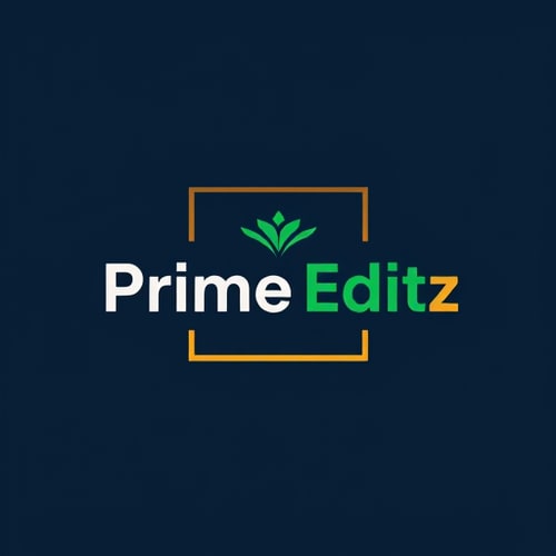 AI Design for create a logo comapy name is Prime Editz create with a box and inside the box add prime editz text and text back generate a any prime related element and creative photography and videography , or editing related symbol for this give a emerald green and totally colour combination of logo is background dark navy blue ,silver , emerald green and golden yellow