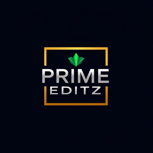 AI Design for create a logo comapy name is Prime Editz create with a box and inside the box add prime editz text and text back generate a any prime related element and creative photography and videography , or editing related symbol for this give a emerald green and totally colour combination of logo is background dark navy blue ,silver , emerald green and golden yellow