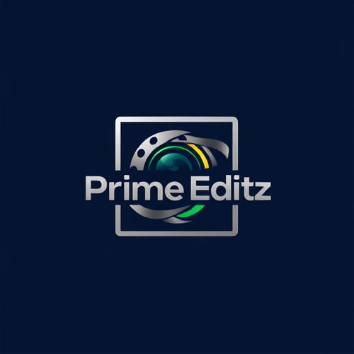 AI Design for Combination mark logo for a photography and videography editing company named "Prime Editz": A stylized photography camera lens or film reel integrated with editing tools like a timeline or sharp editing cuts, presented within a modern box shape. Deep navy blue background with silver and golden yellowand emerald green accents for the logo elements. Bold, modern sans-serif typeface for "Prime Editz". Design influenced by contemporary graphic design and cinematic aesthetics, with a focus on precision and creativity. The box will feature a subtle, textured overlay reminiscent of film grain or digital editing timelines.