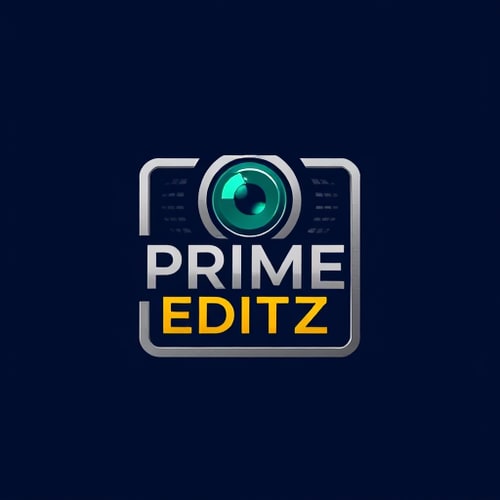 AI Design for Combination mark logo for a photography and videography editing company named "Prime Editz": A stylized photography camera lens or film reel integrated with editing tools like a timeline or sharp editing cuts, presented within a modern box shape. Deep navy blue background with silver and golden yellowand emerald green accents for the logo elements. Bold, modern sans-serif typeface for "Prime Editz". Design influenced by contemporary graphic design and cinematic aesthetics, with a focus on precision and creativity. The box will feature a subtle, textured overlay reminiscent of film grain or digital editing timelines.