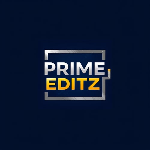 AI Design for create a logo and type of logo is combination mark of logo using creative desgin of photography camera elements or videography elements of prime editz is the company name using box type and inside the box give a texture of videography or film editing styles elements inside that add a prime editz text and with a colour combiantion of deep navy blue in background and logo colour will be in silver and golden yellow