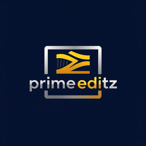 AI Design for create a logo and type of logo is combination mark of logo using creative desgin of photography camera elements or videography elements of prime editz is the company name using box type and inside the box give a texture of videography or film editing styles elements inside that add a prime editz text and with a colour combiantion of deep navy blue in background and logo colour will be in silver and golden yellow