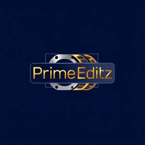 AI Design for Combination mark logo for a photography and videography editing company named "Prime Editz": A stylized photography camera lens or film reel integrated with editing tools like a timeline or sharp editing cuts, presented within a modern box shape. Deep navy blue background with silver and golden yellow accents for the logo elements. Bold, modern sans-serif typeface for "Prime Editz". Design influenced by contemporary graphic design and cinematic aesthetics, with a focus on precision and creativity. The box will feature a subtle, textured overlay reminiscent of film grain or digital editing timelines.