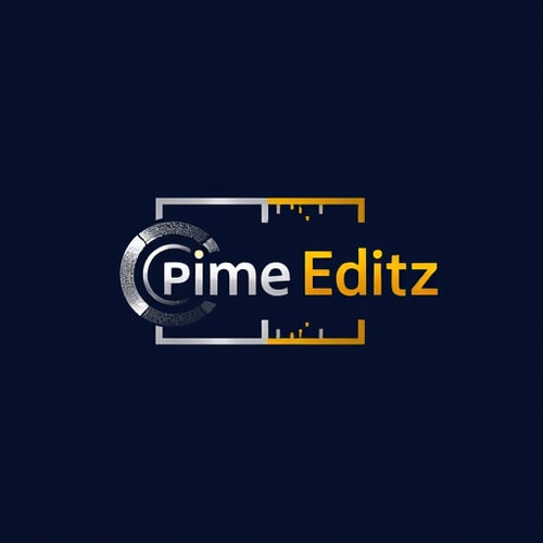 AI Design for Combination mark logo for a photography and videography editing company named "Prime Editz": A stylized photography camera lens or film reel integrated with editing tools like a timeline or sharp editing cuts, presented within a modern box shape. Deep navy blue background with silver and golden yellow accents for the logo elements. Bold, modern sans-serif typeface for "Prime Editz". Design influenced by contemporary graphic design and cinematic aesthetics, with a focus on precision and creativity. The box will feature a subtle, textured overlay reminiscent of film grain or digital editing timelines.