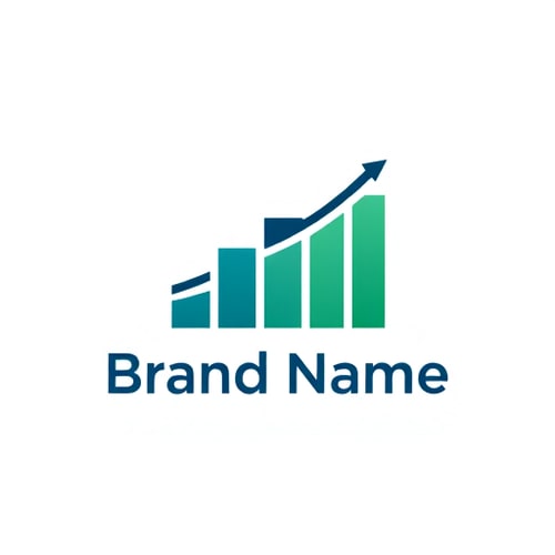 AI Design for Pictorial for a growing finance company named "Brand Name": A stylized upward-trending arrow formed by stacked bar graph elements, representing growth and financial progress. A clean, modern color palette of deep blue, emerald green, and a subtle gold accent. Bold, sans-serif typography with a sense of upward momentum. Design inspired by modern data visualization and a minimalist, professional aesthetic, with a smooth, geometric visual execution. A clean white background.