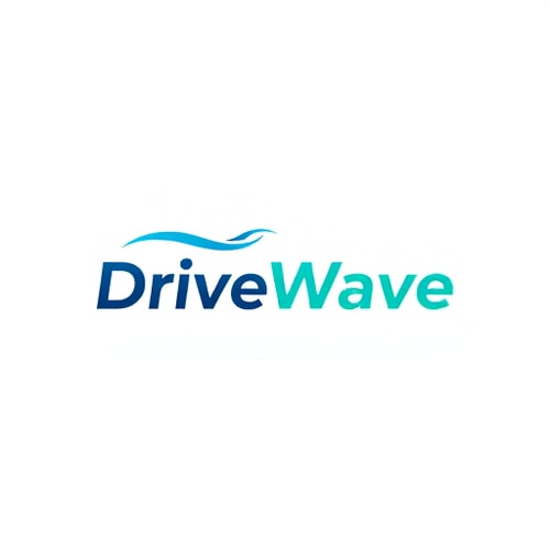 AI Design for Minimalist emblem for a ride-sharing application named "DriveWave": A stylized sound wave forming a subtle road or directional arrow, symbolizing smooth journeys and connectivity. A gradient of oceanic blues and a vibrant, energetic teal, conveying trust, efficiency, and modernity. Clean, sans-serif typography with slightly rounded edges for approachability and a sense of motion. Design with a modern, sleek, and trustworthy influence and style direction, reminiscent of technology and mobility. Execute with a clean vector graphic, ensuring scalability for various applications. A solid white or transparent background.