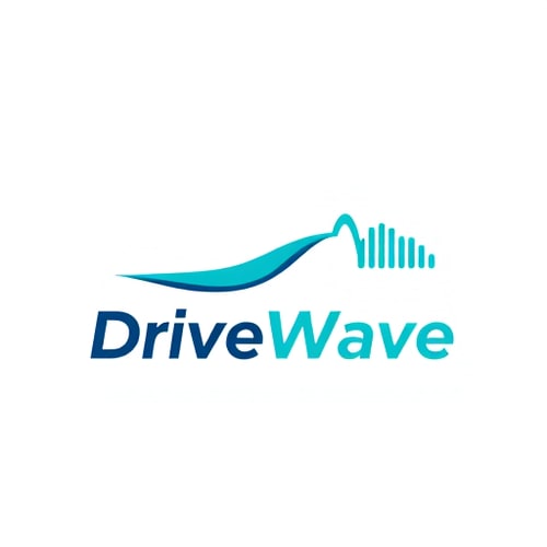 AI Design for Minimalist emblem for a ride-sharing application named "DriveWave": A stylized sound wave forming a subtle road or directional arrow, symbolizing smooth journeys and connectivity. A gradient of oceanic blues and a vibrant, energetic teal, conveying trust, efficiency, and modernity. Clean, sans-serif typography with slightly rounded edges for approachability and a sense of motion. Design with a modern, sleek, and trustworthy influence and style direction, reminiscent of technology and mobility. Execute with a clean vector graphic, ensuring scalability for various applications. A solid white or transparent background.