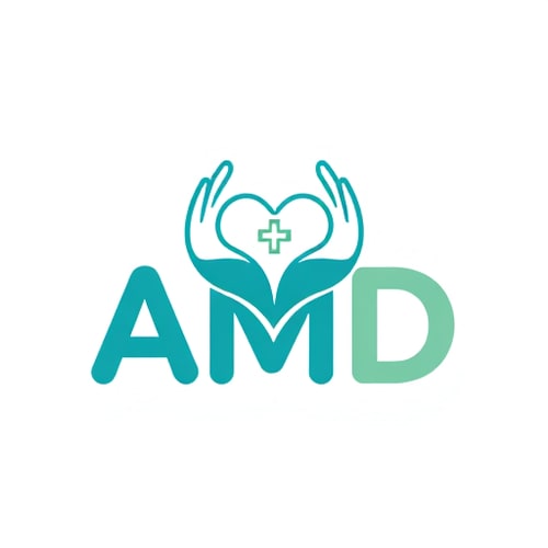 AI Design for Letterform logo for a patient-focused health website named "AMD": The letter 'A' is formed by two hands creating a heart, with a soft medical cross subtly integrated into the negative space of the letter 'D', Rounded, friendly sans-serif font. Teal (#4ABDAC), sky blue (#A0DDE6), and soft green (#F1F1F8E9). Minimalist, modern, and clean design, suitable for web and app icons, influenced by nature and well-being, with smooth curves and gentle gradients, on a white background.