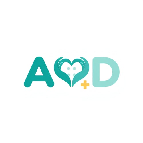 AI Design for Letterform logo for a patient-focused health website named "AMD": The letter 'A' is formed by two hands creating a heart, with a soft medical cross subtly integrated into the negative space of the letter 'D', Rounded, friendly sans-serif font. Teal (#4ABDAC), sky blue (#A0DDE6), and soft green (#F1F1F8E9). Minimalist, modern, and clean design, suitable for web and app icons, influenced by nature and well-being, with smooth curves and gentle gradients, on a white background.