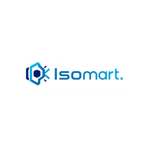 AI Design for Minimalist for an online electronics store named "Iscon mart": Sleek geometric logo mark with subtle circuit board elements, blue and silver, sans-serif font. Design with a modern and tech-forward influence and style direction, clean lines and digital aesthetic, and a white background.