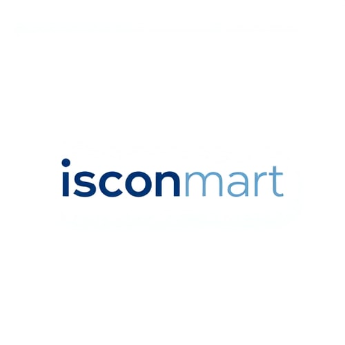 AI Design for Minimalist for an online electronics store named "Iscon mart": Sleek geometric logo mark with subtle circuit board elements, blue and silver, sans-serif font. Design with a modern and tech-forward influence and style direction, clean lines and digital aesthetic, and a white background.