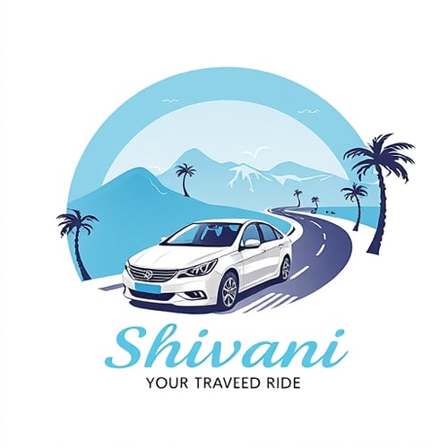 AI Design for A sleek, modern cab driving on a winding road surrounded by hills and mountains under a clear blue sky. Add palm trees along the roadside to create a tropical and adventurous atmosphere. The scene should reflect safety, comfort, and scenic travel. Include space for text that says ‘Shivani Tour and Travels – Your Trusted Ride’ with an elegant and clean style.”
