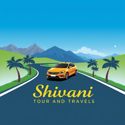 AI Design for A sleek, modern cab driving on a winding road surrounded by hills and mountains under a clear blue sky. Add palm trees along the roadside to create a tropical and adventurous atmosphere. The scene should reflect safety, comfort, and scenic travel. Include space for text that says ‘Shivani Tour and Travels – Your Trusted Ride’ with an elegant and clean style.”