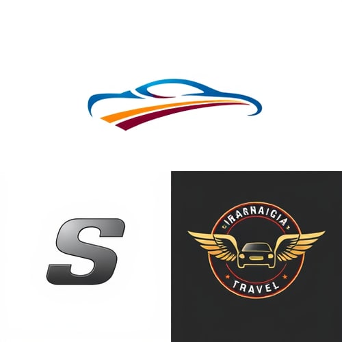 AI Design for Stylized car silhouette integrated with a road graphic — dynamic and forward-moving composition, deep blues and vibrant oranges, bright and energetic, modern graphic design, clean lines and subtle gradients, white background. Minimalistic car icon combined with a subtle wave representing travel — elegant and streamlined design, cool blues and greens with a hint of silver, soft and inviting, vector art, smooth curves and precise edges, light grey background. Abstract representation of a car wheel and a compass — adventurous and directional concept, earthy tones of brown and gold with a touch of sky blue, warm and inspiring, geometric abstraction, sharp angles and circular elements, textured paper background. Letterform 'S' morphed into a car outline and a winding path — sophisticated and memorable, rich maroon and a contrasting metallic grey, confident and premium, typographic illustration, flowing lines and bold shapes, dark charcoal background. Vintage-style cab emblem with subtle travel elements like wings or a road — classic and trustworthy, black and cream with subtle gold accents, nostalgic and reliable, retro illustration, detailed linework and distressed textures, aged parchment background.