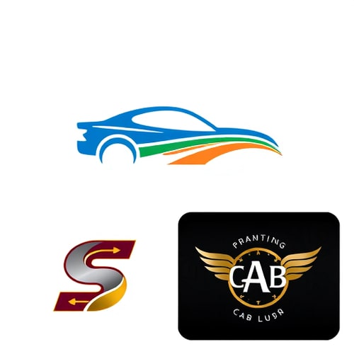 AI Design for Stylized car silhouette integrated with a road graphic — dynamic and forward-moving composition, deep blues and vibrant oranges, bright and energetic, modern graphic design, clean lines and subtle gradients, white background. Minimalistic car icon combined with a subtle wave representing travel — elegant and streamlined design, cool blues and greens with a hint of silver, soft and inviting, vector art, smooth curves and precise edges, light grey background. Abstract representation of a car wheel and a compass — adventurous and directional concept, earthy tones of brown and gold with a touch of sky blue, warm and inspiring, geometric abstraction, sharp angles and circular elements, textured paper background. Letterform 'S' morphed into a car outline and a winding path — sophisticated and memorable, rich maroon and a contrasting metallic grey, confident and premium, typographic illustration, flowing lines and bold shapes, dark charcoal background. Vintage-style cab emblem with subtle travel elements like wings or a road — classic and trustworthy, black and cream with subtle gold accents, nostalgic and reliable, retro illustration, detailed linework and distressed textures, aged parchment background.