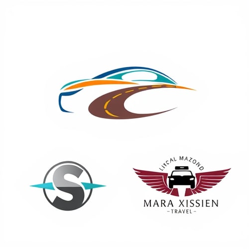 AI Design for A stylized car silhouette integrated with a road graphic — dynamic and forward-moving composition, Deep blues and vibrant oranges, bright and energetic, modern graphic design, clean lines and subtle gradients, white background. A minimalistic car icon combined with a subtle wave representing travel — elegant and streamlined design, cool blues and greens with a hint of silver, soft and inviting, vector art, smooth curves and precise edges, light grey background. An abstract representation of a car wheel and a compass — adventurous and directional concept, earthy tones of brown and gold with a touch of sky blue, warm and inspiring, geometric abstraction, sharp angles and circular elements, textured paper background. A letterform 'S' creatively morphed into a car outline and a winding path — sophisticated and memorable, rich maroon and a contrasting metallic grey, confident and premium, typographic illustration, flowing lines and bold shapes, dark charcoal background. A vintage-style cab emblem with subtle travel elements like wings or a road — classic and trustworthy, black and cream with subtle gold accents, nostalgic and reliable, retro illustration, detailed linework and distressed textures, aged parchment background.