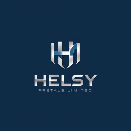 AI Design for Minimalist logo for a metals and mining company named "Helsy Metals Privet Limited": Abstract representation of metallic elements, clean lines, and structural integrity. Cool metallic tones (silver, steel gray, deep blue) with subtle hints of earth tones (bronze, rust). Modern, sans-serif typeface that conveys strength and reliability. Design inspired by geometric industrial design and modern abstract art, with sharp angles and precise forms. Visual execution will focus on crisp vectors and subtle gradients. Solid background.