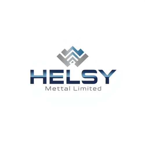AI Design for Minimalist logo for a metals and mining company named "Helsy Metals Privet Limited": Abstract representation of metallic elements, clean lines, and structural integrity. Cool metallic tones (silver, steel gray, deep blue) with subtle hints of earth tones (bronze, rust). Modern, sans-serif typeface that conveys strength and reliability. Design inspired by geometric industrial design and modern abstract art, with sharp angles and precise forms. Visual execution will focus on crisp vectors and subtle gradients. Solid background.