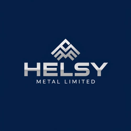 AI Design for Minimalist logo for a metals and mining company named "Helsy Metals Privet Limited": Abstract representation of metallic elements, clean lines, and structural integrity. Cool metallic tones (silver, steel gray, deep blue) with subtle hints of earth tones (bronze, rust). Modern, sans-serif typeface that conveys strength and reliability. Design inspired by geometric industrial design and modern abstract art, with sharp angles and precise forms. Visual execution will focus on crisp vectors and subtle gradients. Solid background.