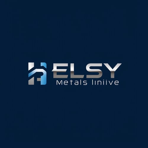 AI Design for Minimalist logo for a metals and mining company named "Helsy Metals Privet Limited": Abstract representation of metallic elements, clean lines, and structural integrity. Cool metallic tones (silver, steel gray, deep blue) with subtle hints of earth tones (bronze, rust). Modern, sans-serif typeface that conveys strength and reliability. Design inspired by geometric industrial design and modern abstract art, with sharp angles and precise forms. Visual execution will focus on crisp vectors and subtle gradients. Solid background.
