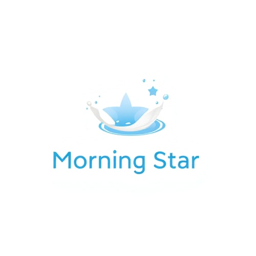 AI Design for Minimalist for a dairy company named "Morning Star": a stylized star shape formed from milk droplets, representing freshness and purity, White and light blue, sans-serif font with rounded edges, Modern and clean, with smooth curves and soft gradients, a subtle sheen on the milk droplets, white background