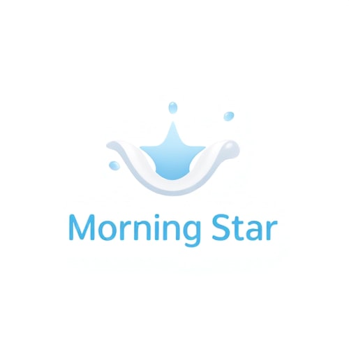 AI Design for Minimalist for a dairy company named "Morning Star": a stylized star shape formed from milk droplets, representing freshness and purity, White and light blue, sans-serif font with rounded edges, Modern and clean, with smooth curves and soft gradients, a subtle sheen on the milk droplets, white background