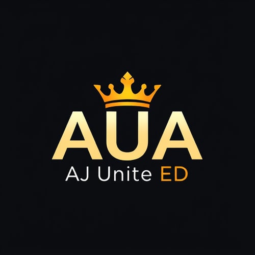 AI Design for create an 3d logo "AUA" =CROWN on the top of that word and AJ Unite ED on the bottom