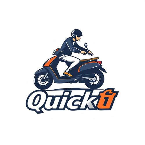 AI Design for Quickटॉ i want a logo with cool and bold type of unique for which describe the logo in which quick is written in english and टॉ is writter in hindi fullname is Quickटॉ and for quick i want a scooter weel design in o and for i a men like rider person # choose a branding color which is most suitable and trustable and cool color. and some lighning shadow also use. and make a proper logo and also send me branding for this in image formate