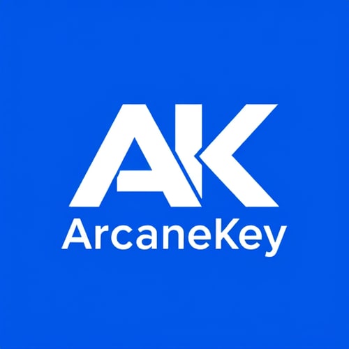 AI Design for Letterform for a digital marketing services and education company named Arcanekey: Abstracted 'AK' monogram, Blue and white, Clean and modern sans-serif typeface. Design inspired by geometric abstraction and the idea of unlocking digital potential, incorporating subtle interconnectivity within the 'A' and 'K' forms, with the 'K' having a subtle upward diagonal to suggest growth. Solid white on a blue background.