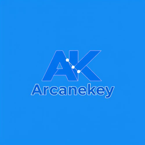 AI Design for Letterform for a digital marketing services and education company named Arcanekey: Abstracted 'AK' monogram, Blue and white, Clean and modern sans-serif typeface. Design inspired by geometric abstraction and the idea of unlocking digital potential, incorporating subtle interconnectivity within the 'A' and 'K' forms, with the 'K' having a subtle upward diagonal to suggest growth. Solid white on a blue background.