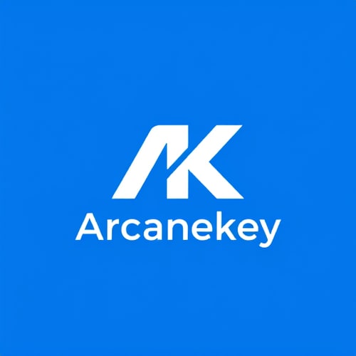 AI Design for Letterform for a digital marketing services and education company named Arcanekey: Abstracted 'AK' monogram, Blue and white, Clean and modern sans-serif typeface. Design inspired by geometric abstraction and the idea of unlocking digital potential, incorporating subtle interconnectivity within the 'A' and 'K' forms, with the 'K' having a subtle upward diagonal to suggest growth. Solid white on a blue background.
