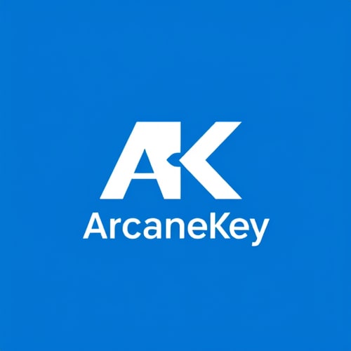 AI Design for Letterform for a digital marketing services and education company named Arcanekey: Abstracted 'AK' monogram, Blue and white, Clean and modern sans-serif typeface. Design inspired by geometric abstraction and the idea of unlocking digital potential, incorporating subtle interconnectivity within the 'A' and 'K' forms, with the 'K' having a subtle upward diagonal to suggest growth. Solid white on a blue background.