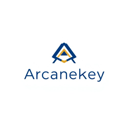 AI Design for Minimalist for a digital marketing and education company named Arcanekey: Abstract key and data visualization elements, sophisticated blue and gold palette, modern sans-serif typography. Design with an emphasis on trust and innovation, clean lines and geometric shapes, solid background.