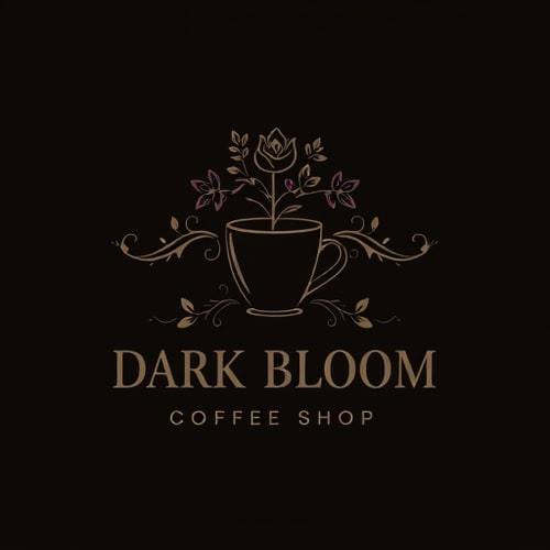 AI Design for Design a modern, moody logo for Dark Bloom Coffee Shop. The logo should blend elements of dark elegance and botanical growth, symbolizing a mysterious yet inviting coffee experience. Use a dark color palette (deep blacks, rich browns, charcoal greys) with accents of muted florals (dark purples, burgundy, forest green). Include a stylized coffee cup or coffee plant, subtly intertwined with blooming flowers or vines. Typography should be serif or gothic-style, sophisticated yet readable. The overall vibe should be artistic, moody, slightly gothic, and perfect for a high-end indie coffee brand.