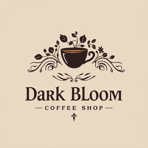 AI Design for Design a modern, moody logo for Dark Bloom Coffee Shop. The logo should blend elements of dark elegance and botanical growth, symbolizing a mysterious yet inviting coffee experience. Use a dark color palette (deep blacks, rich browns, charcoal greys) with accents of muted florals (dark purples, burgundy, forest green). Include a stylized coffee cup or coffee plant, subtly intertwined with blooming flowers or vines. Typography should be serif or gothic-style, sophisticated yet readable. The overall vibe should be artistic, moody, slightly gothic, and perfect for a high-end indie coffee brand.