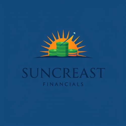 AI Design for Design a flat vector logo for Suncreast Financials that purely represents Funds, Money, and Power. Use clean, minimal, modern style with sharp lines. Elements should include: abstract currency symbol (₹ or $), stack of coins or notes, and an upward arrow/graph line to show financial growth. Integrate subtle rising sun rays behind or within the financial elements to symbolize prosperity and energy. Do not include shields or unnecessary icons. Colors: Deep Blue (#1E3A8A) for trust, Green (#2C6E49) for wealth, and Golden Orange (#F9A602) for power. Typography: Professional sans-serif (Montserrat, Lato, or Poppins) with ‘SUNCREAST’ in bold uppercase and ‘FINANCIALS’ lighter below. Add tagline ‘Guided by Trust, Driven by Care’ in smaller elegant font. Ensure the design is vector-friendly, scalable, and works on both digital and print media.