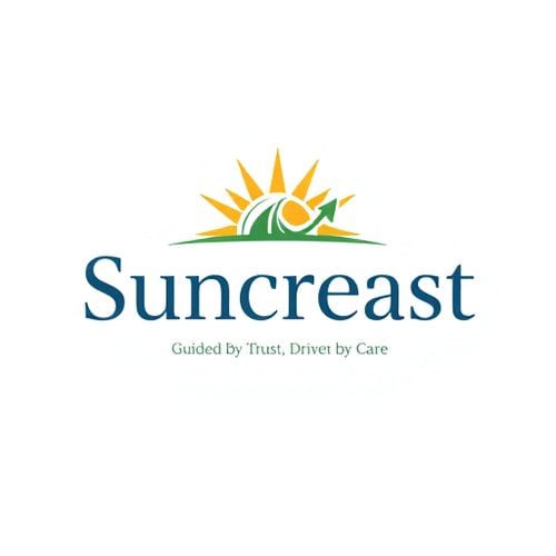 AI Design for Design a professional and creative logo for Suncreast Financials. The logo should visually represent the themes: Funds, Stocks, Insurance, Mutual Funds, Growth, Trust, Sunrise, Arrow, Sunraising Scene. Use a modern minimalistic style suitable for the financial industry. Incorporate a rising sun crest with rays blending into upward financial elements like an arrow or bar chart. Add a shield or arc to symbolize trust and insurance. Typography should be clean sans-serif (Montserrat, Lato, or Poppins), with ‘Suncreast’ in bold and ‘Financials’ in lighter weight. Place the tagline ‘Guided by Trust, Driven by Care’ below the name. Use colors: Deep Blue (#1E3A8A) for trust, Green (#2C6E49) for growth, and Golden Orange (#F9A602) for sunrise energy, on a white background. Provide variations: full logo with tagline, simplified version (symbol + name), and an icon for favicon