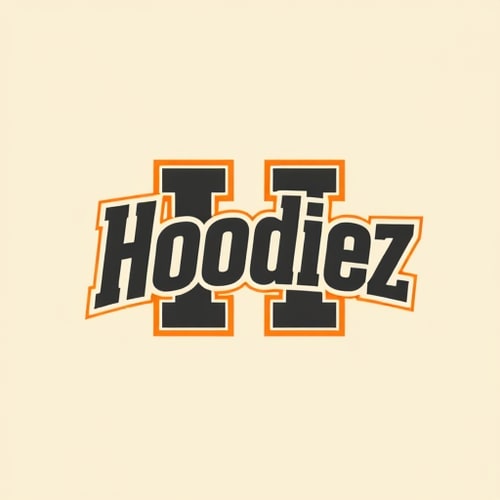 AI Design for Letterform logo for a retro-inspired, confident, and bold Hoodie brand named "Hoodiez": A stylized "H" with a subtle nod to vintage sportswear graphics, potentially incorporating a subtle shield or block element. Deep charcoal grey, a vibrant burnt orange, and a creamy off-white. Bold, blocky sans-serif font with rounded edges, reminiscent of 70s and 80s athletic wear. Design a retro athletic aesthetic with a modern, clean execution. The "H" should be the primary visual element, making it instantly recognizable and memorable. Solid background. Use dark colour fonts and make it look genz.