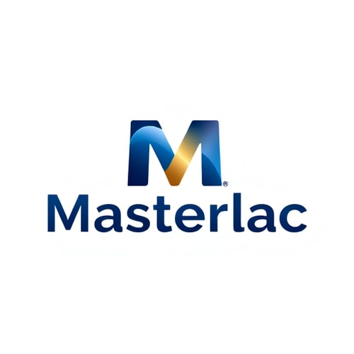 AI Design for Letterform logo for a paint manufacturing company named "Masterlac": abstract brushstroke incorporated into the lettering, symbolizing creativity and quality; a sophisticated palette of deep blues, metallic golds, and clean whites; bold, modern sans-serif typography with a slight italic slant for dynamism. Design with a sense of premium craftsmanship and innovation, with subtle gradients and polished finishes for a 3D effect, suitable for a 2D interpretation; clean and professional with a subtle hint of artistic flair, on a white or transparent background.