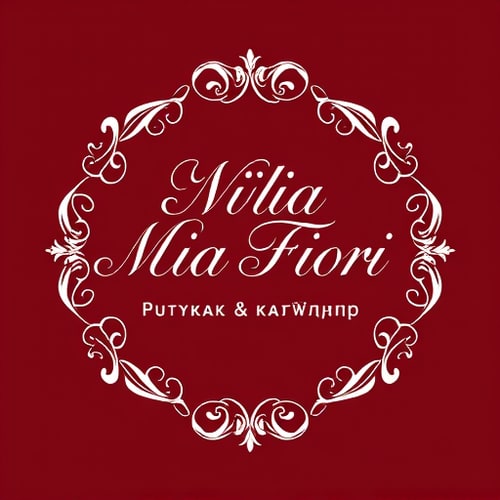 AI Design for Create a typographic logo for “Mia Fiori” – a boutique & coffee shop. Style: elegant, refined, Italian-inspired with decorative floral swirls (Renaissance/Baroque aesthetic). Color scheme: deep burgundy (#800020) as the background, white for typography and floral accents. Composition: circular or square, suitable for an 80 cm round sign. Typography: sophisticated serif or modern calligraphic font that supports both Latin and Cyrillic (for additional text “бутік & кав’ярня”). Ornamentation: delicate floral flourishes, acanthus leaves, Venetian patterns, Italian floral motifs. Design specifications: vector style, minimal gradients, flat design, clean contours, high-resolution, print-ready. Focus: timeless elegance, Italian charm, premium boutique-coffee ambience, floral accents integrated harmoniously with the text.