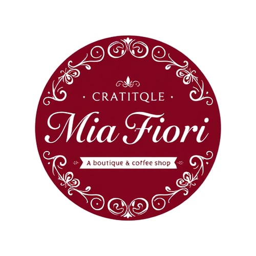 AI Design for Create a typographic logo for “Mia Fiori” – a boutique & coffee shop. Style: elegant, refined, Italian-inspired with decorative floral swirls (Renaissance/Baroque aesthetic). Color scheme: deep burgundy (#800020) as the background, white for typography and floral accents. Composition: circular or square, suitable for an 80 cm round sign. Typography: sophisticated serif or modern calligraphic font that supports both Latin and Cyrillic (for additional text “бутік & кав’ярня”). Ornamentation: delicate floral flourishes, acanthus leaves, Venetian patterns, Italian floral motifs. Design specifications: vector style, minimal gradients, flat design, clean contours, high-resolution, print-ready. Focus: timeless elegance, Italian charm, premium boutique-coffee ambience, floral accents integrated harmoniously with the text.