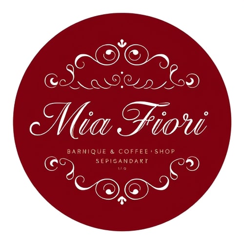 AI Design for Create a typographic logo for “Mia Fiori” – a boutique & coffee shop. Style: elegant, refined, Italian-inspired with decorative floral swirls (Renaissance/Baroque aesthetic). Flourishes: minimalist, thin, delicate floral swirls and ornamental accents; not too bold, in an elegant and sophisticated style. Color scheme: deep burgundy (#800020) as the background, white for typography and floral accents. Composition: circular or square, suitable for an 80 cm round sign. Typography: sophisticated serif or modern calligraphic font that supports both Latin and Cyrillic (for additional text “бутік & кав’ярня”). Design specifications: vector style, minimal gradients, flat design, clean contours, high-resolution, print-ready. Focus: timeless elegance, Italian charm, premium boutique-coffee ambience, harmonious integration of text and floral accents.