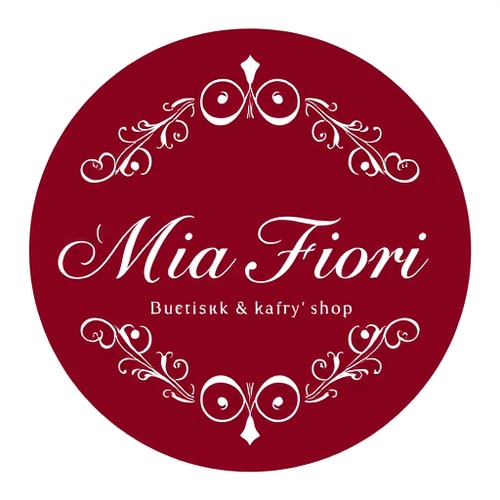 AI Design for Create a typographic logo for “Mia Fiori” – a boutique & coffee shop. Style: elegant, refined, Italian-inspired with decorative floral swirls (Renaissance/Baroque aesthetic). Flourishes: minimalist, thin, delicate floral swirls and ornamental accents; not too bold, in an elegant and sophisticated style. Color scheme: deep burgundy (#800020) as the background, white for typography and floral accents. Composition: circular or square, suitable for an 80 cm round sign. Typography: sophisticated serif or modern calligraphic font that supports both Latin and Cyrillic (for additional text “бутік & кав’ярня”). Design specifications: vector style, minimal gradients, flat design, clean contours, high-resolution, print-ready. Focus: timeless elegance, Italian charm, premium boutique-coffee ambience, harmonious integration of text and floral accents.
