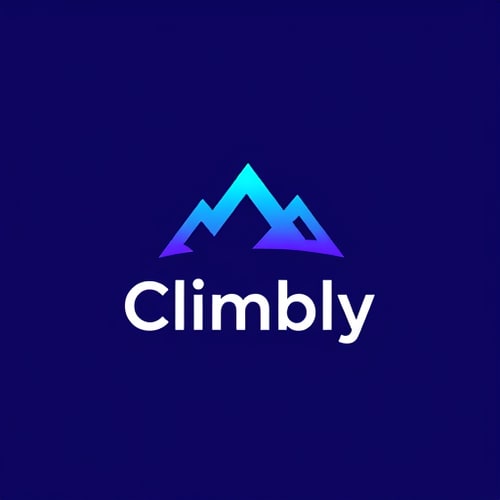 AI Design for A modern minimalist logo for an AI advisor app called "Climbly". The logo should symbolize growth, guidance, and climbing towards success. Use an abstract mountain peak combined with an upward arrow in a clean geometric style. Colors: gradient of blue (#1A73E8) and purple (#9333EA) for trust and innovation. Typography: sleek sans-serif font like Poppins or Montserrat, professional yet friendly. The design should be simple, unique, and startup-ready, not overly detailed or AI-looking. 