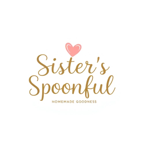 AI Design for Pictorial logo for a sister's food business named "Sister's Spoonful": A stylized spoon subtly incorporating a heart shape, representing love and homemade goodness. Warm and inviting, with a color palette of soft blush pink, creamy beige, and a touch of earthy green. A playful yet elegant serif font for the brand name, evoking a sense of tradition and care. Design inspired by rustic farmhouse charm and a touch of modern simplicity, with a focus on delicate linework and organic curves. Hand-drawn aesthetic for the spoon and heart element, with subtle texture. Plain white background.