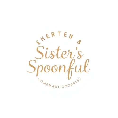 AI Design for Pictorial logo for a sister's food business named "Sister's Spoonful": A stylized spoon subtly incorporating a heart shape, representing love and homemade goodness. Warm and inviting, with a color palette of soft blush pink, creamy beige, and a touch of earthy green. A playful yet elegant serif font for the brand name, evoking a sense of tradition and care. Design inspired by rustic farmhouse charm and a touch of modern simplicity, with a focus on delicate linework and organic curves. Hand-drawn aesthetic for the spoon and heart element, with subtle texture. Plain white background.